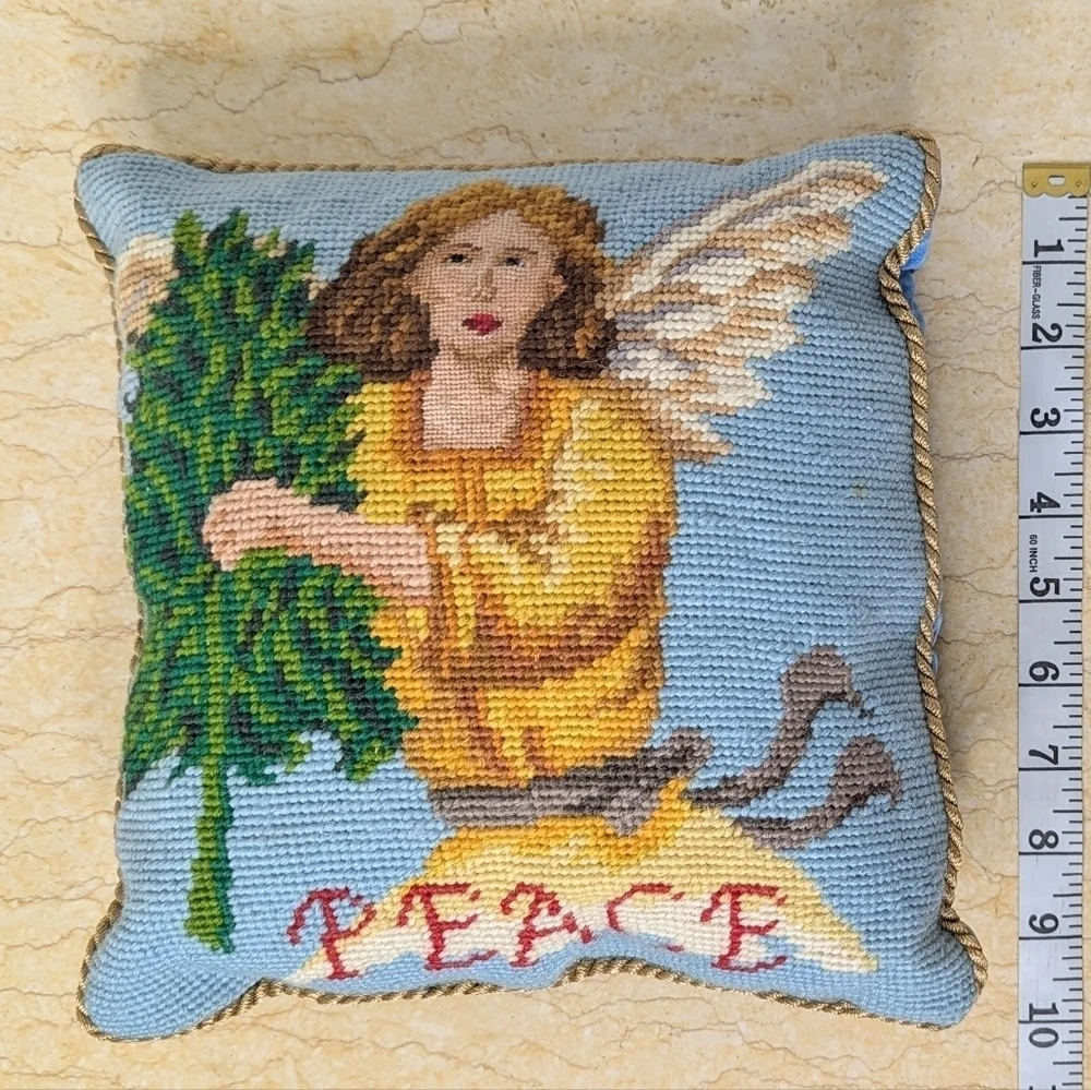 Vintage Style Needlepoint Christmas Holiday Angel Small Peace Pillow